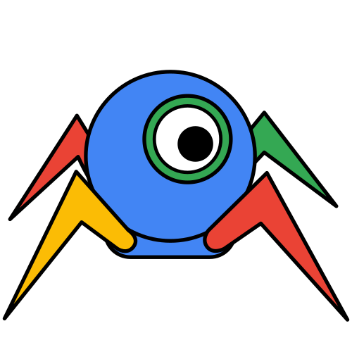 SEO Web crawler graphic, depicting a robot spider with a google color theme.